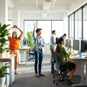 Bright modern office with employees stretching, using standing desks, collaborating, surrounded by plants and water bottles promoting wellness and productivity.