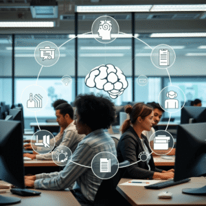Modern office with professionals working on computers, surrounded by abstract icons symbolizing cognitive processes and mental workload management
