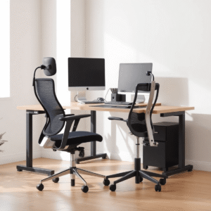 Modern office workspace with ergonomic chair, adjustable desk, computer monitor, keyboard, mouse, and soft natural lighting for a calm, productive environment