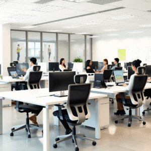 Modern office with ergonomic chairs and desks, employees working productively, surrounded by health and safety symbols and productivity charts