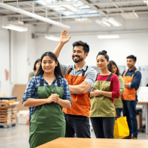 Workers in a bright, modern office practicing safe lifting techniques with proper posture and ergonomic tools.
