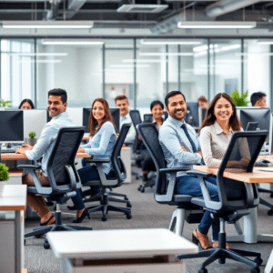 Modern office with ergonomic chairs and desks, professionals working comfortably and smiling, highlighting health, safety, and productivity.