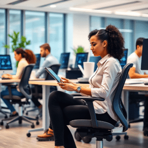 Modern office with ergonomic desks and chairs, digital health devices, and employees collaborating comfortably, showcasing innovative workplace wellness