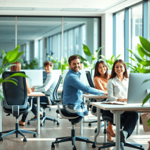 Modern office with ergonomic furniture, employees working happily, surrounded by green plants and natural light symbolizing health and well-being