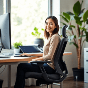 A modern ergonomic office with an adjustable desk, comfortable chair, computer monitor, natural light, and greenery; a woman sitting with good posture, smiling