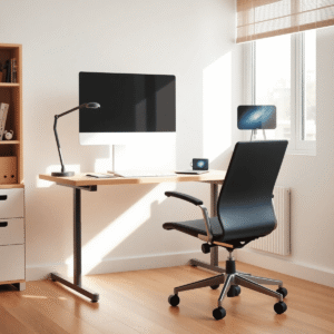 Modern home office with ergonomic chair, adjustable desk, and computer screen at eye level, illuminated by soft natural light in a clean, organized space.