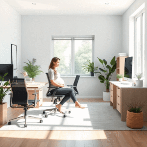 calm office space with ergonomic furniture, soft natural light, and soothing colors designed for comfort and wellness.