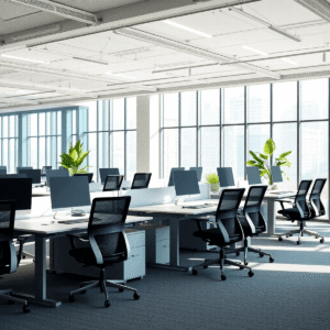 Bright modern office with adjustable desks, ergonomic chairs, large windows letting in natural light, and greenery, creating a productive and comfortable workspace