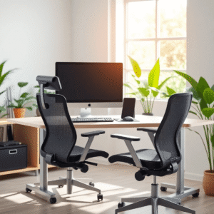 Modern office with ergonomic desk, adjustable chair, eye-level monitor, keyboard, mouse, soft natural light, and green plants promoting comfort and productivity.