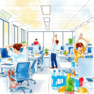 Employees in a bright office adjusting desks, stretching, and exercising near workstations with fresh fruits and water, showcasing a healthy, productive workspace