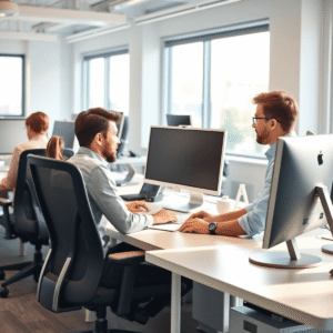 New Hires take ergonomics training in Modern office workspace with ergonomic chair, adjustable desk, computer monitor at eye level, and soft natural light highlighting a clean, organized environment.