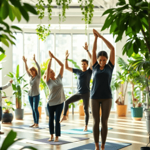 Employees practicing yoga in a bright office with green plants and natural light, creating a calm and healthy workplace atmosphere