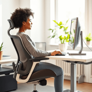 Modern office workspace with ergonomic chair, adjustable desk, and computer; person sitting with good posture using keyboard and mouse in soft natural light.