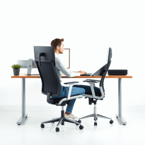 Modern ergonomic office setup with sleek monitor, adjustable chair, keyboard, mouse, and a person sitting with good posture in a clean, softly lit workspace.
