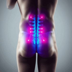 Close-up of lower back muscles with a subtle glow highlighting strain, set against a neutral background to represent back pain and lifting stress.