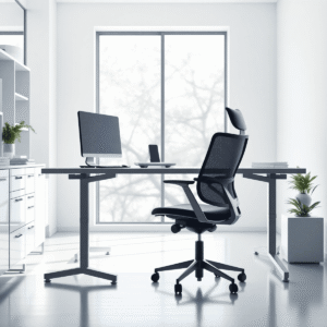 Modern office with ergonomic chair and desk, computer monitor, natural light, and abstract shapes symbolizing health and productivity.
