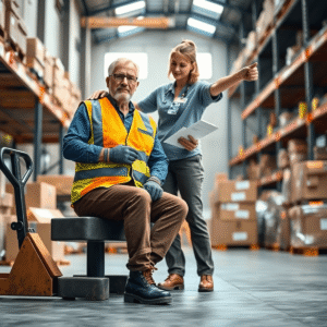 a warehouse worker receiving rehabilitation after a lifting injury.
